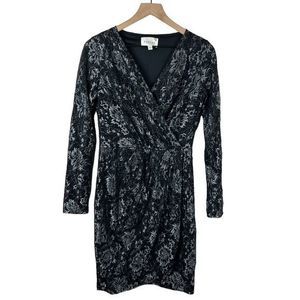 Sabine Black Silver Metallic Flora V Neck‎ Wrap Skirt Long Sleeve Dress Small